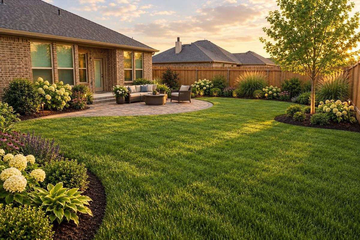 A bare backyard, now a finished landscape, after the work