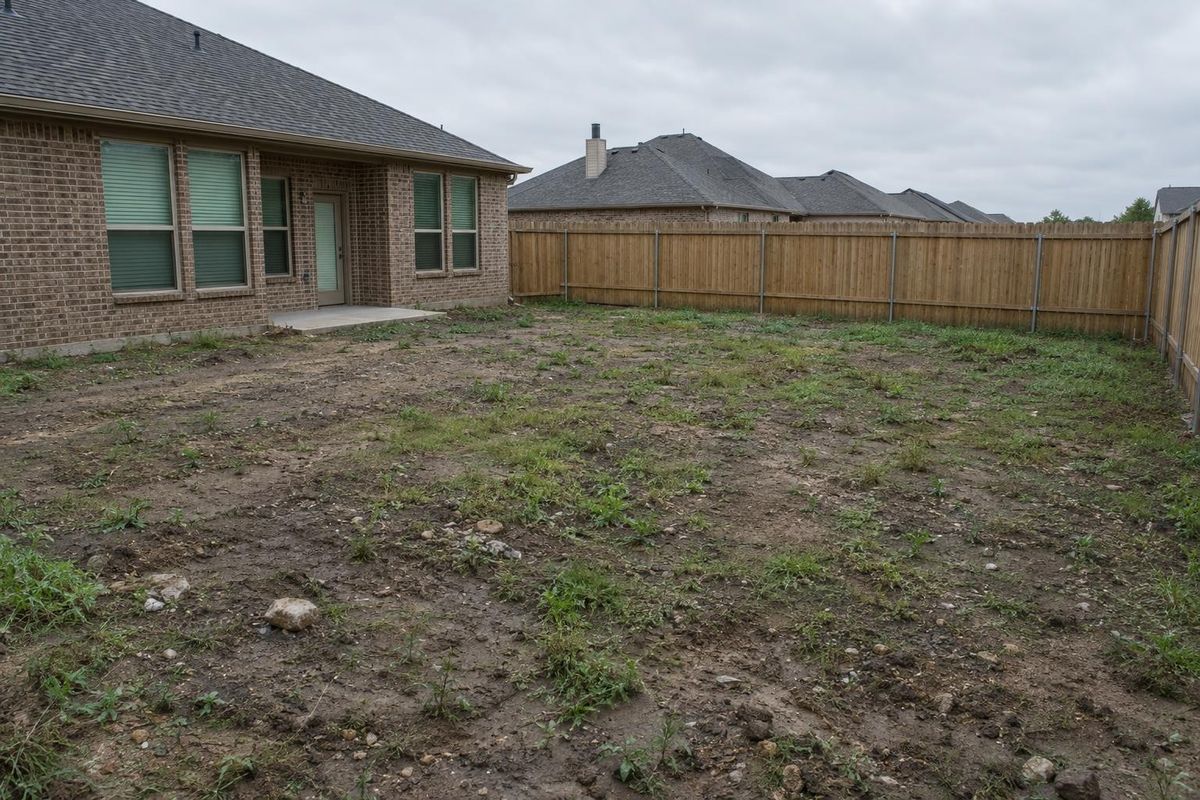 A bare backyard, now a finished landscape, before