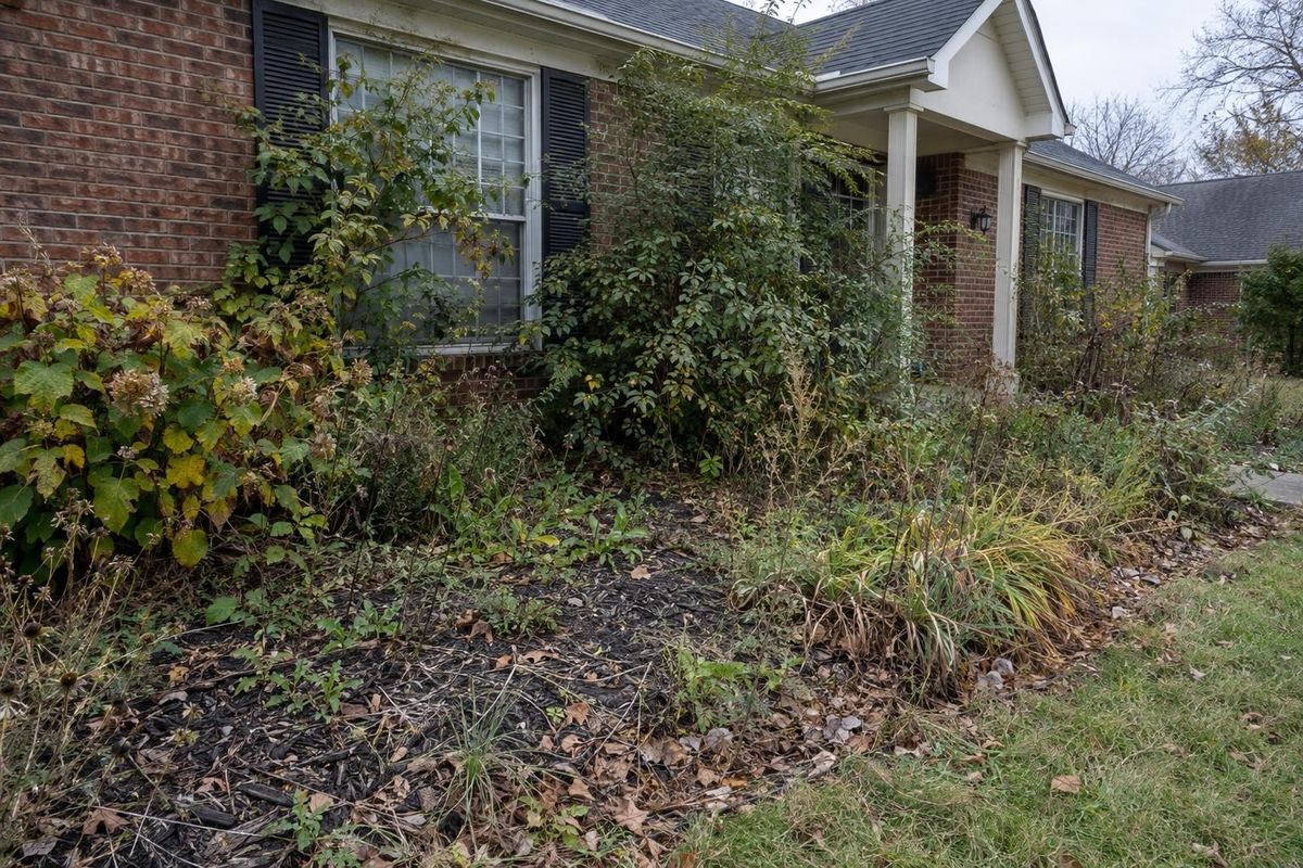Overgrown front beds, before